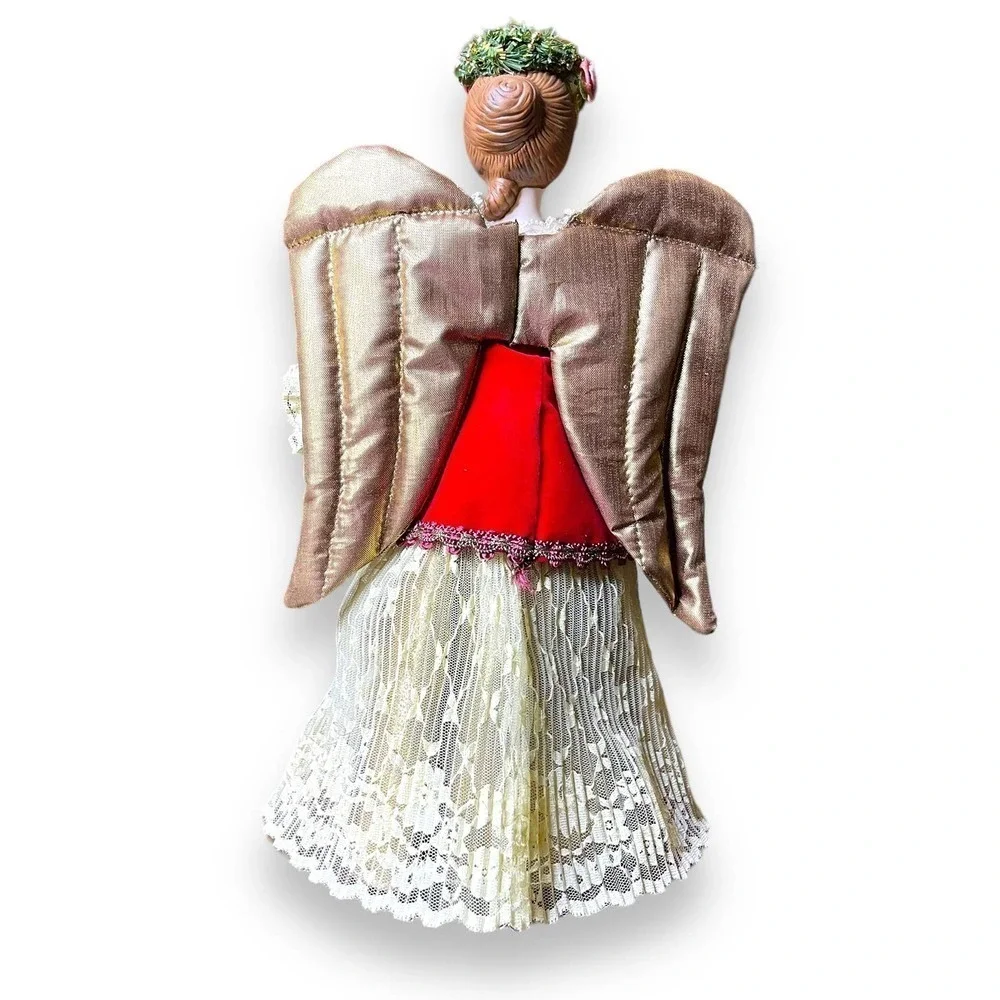 VTG Kurt Adler Angel Tree Topper Large Ornament 1990 Victorian Lace Red Ivory